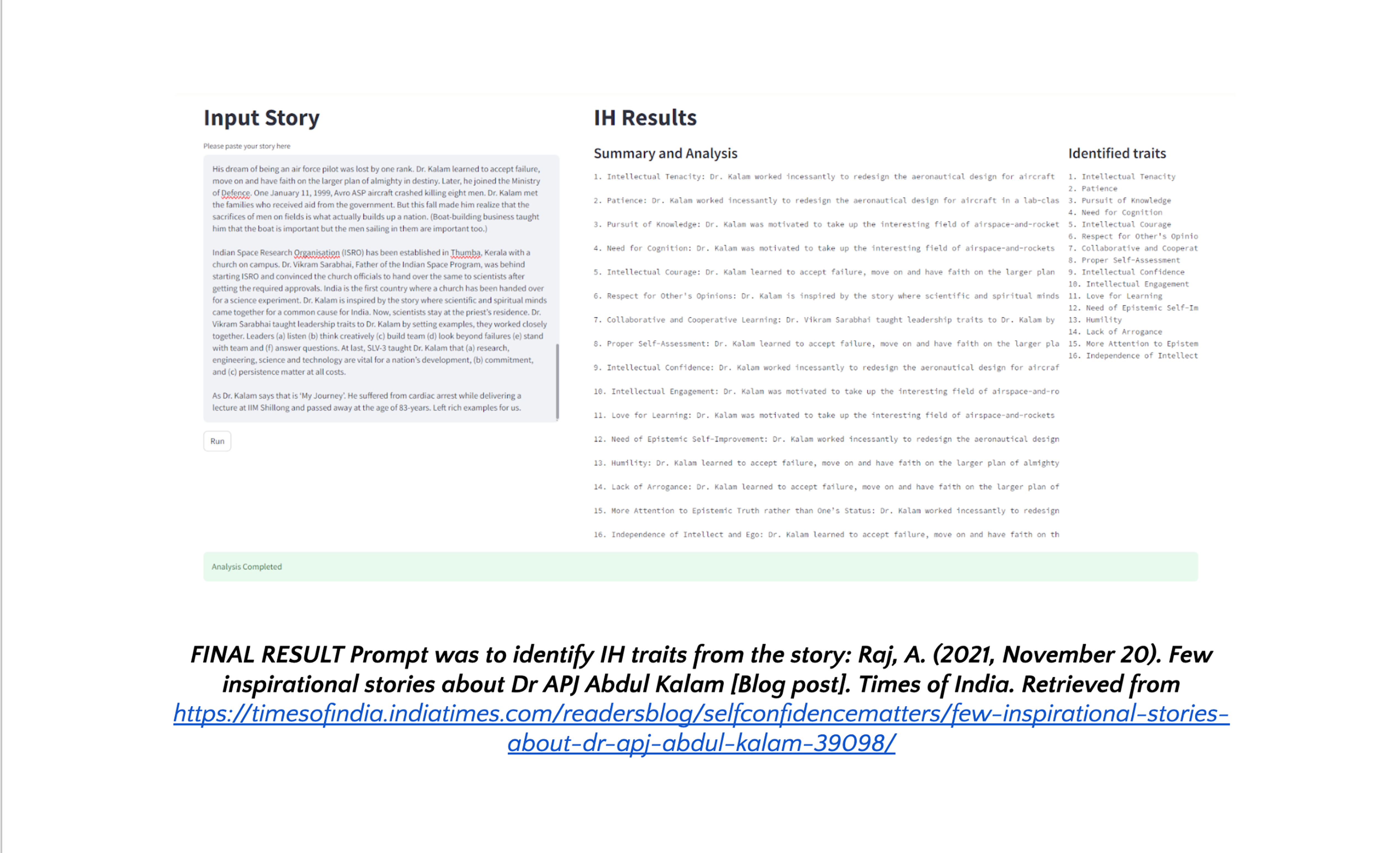 An example showing the model analyzing a story about Dr. APJ Abdul Kalam.