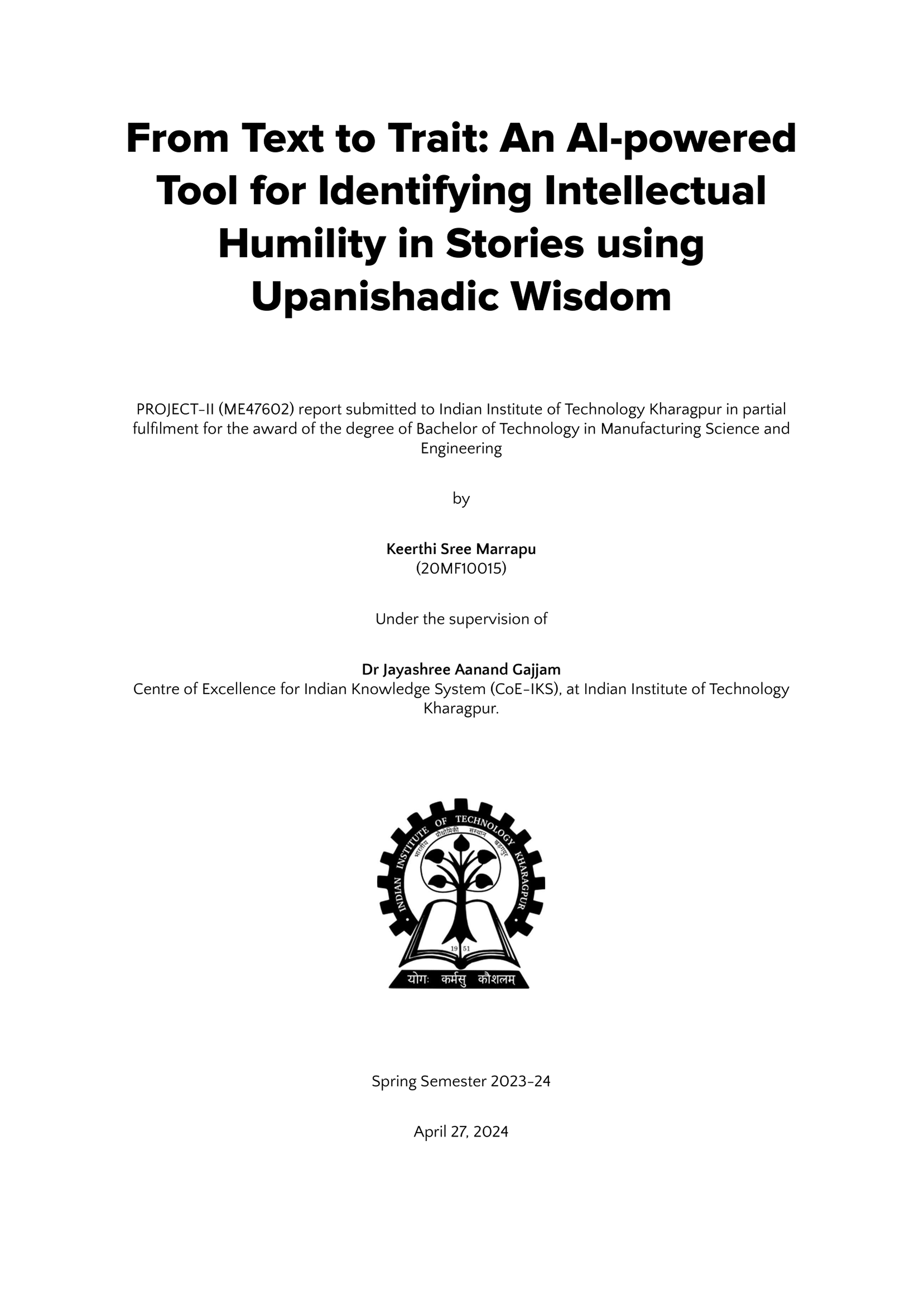 The title page of the B.Tech thesis report.